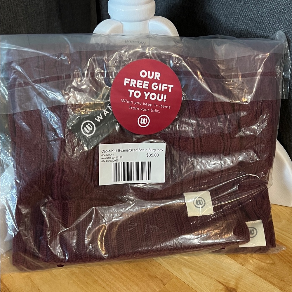 Wantable Burgundy Cable-Knit Beanie and Scarf Set